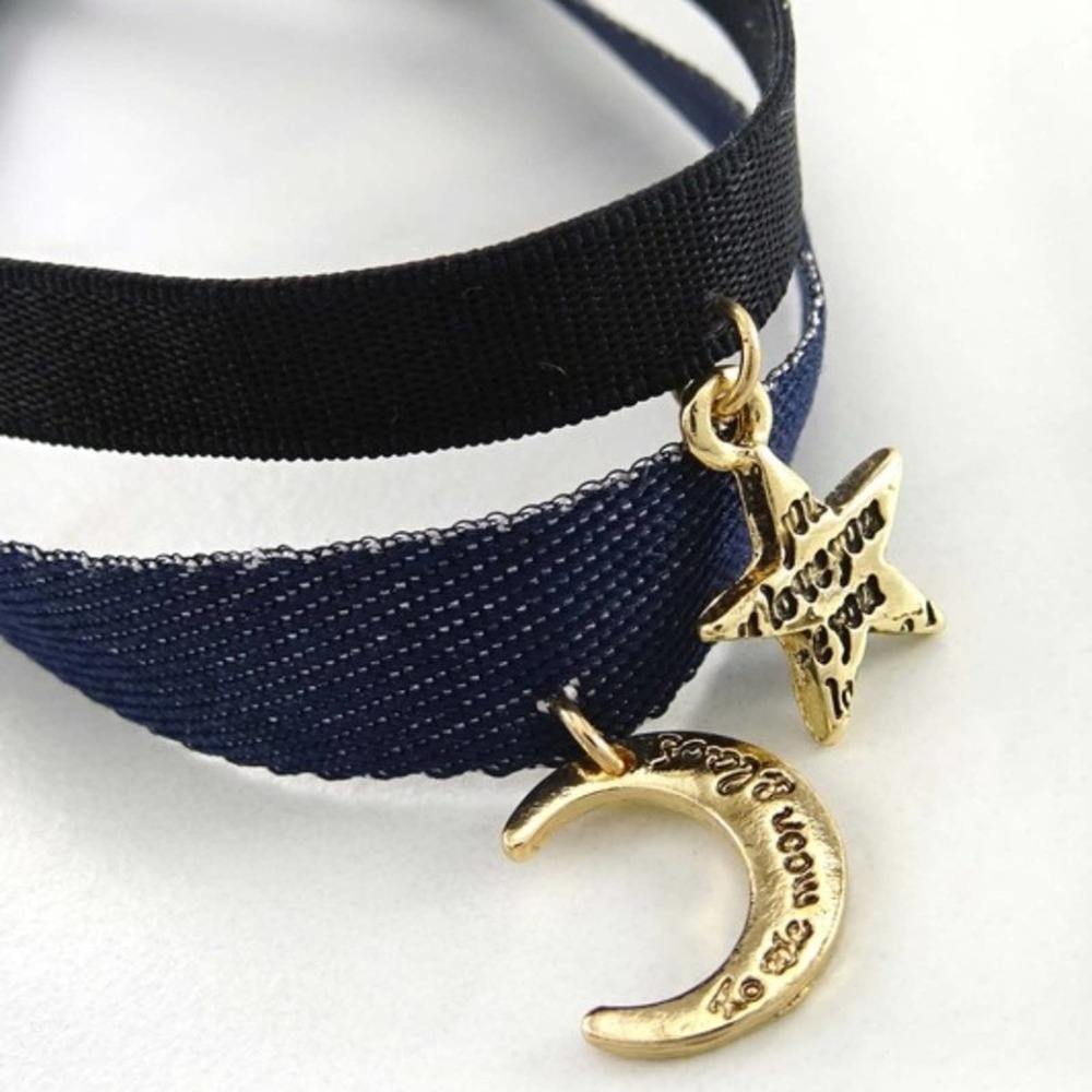 Star & Moon Choker Set Gold Charm Layered Necklace Black Blue Velvet - Picture 4 of 4